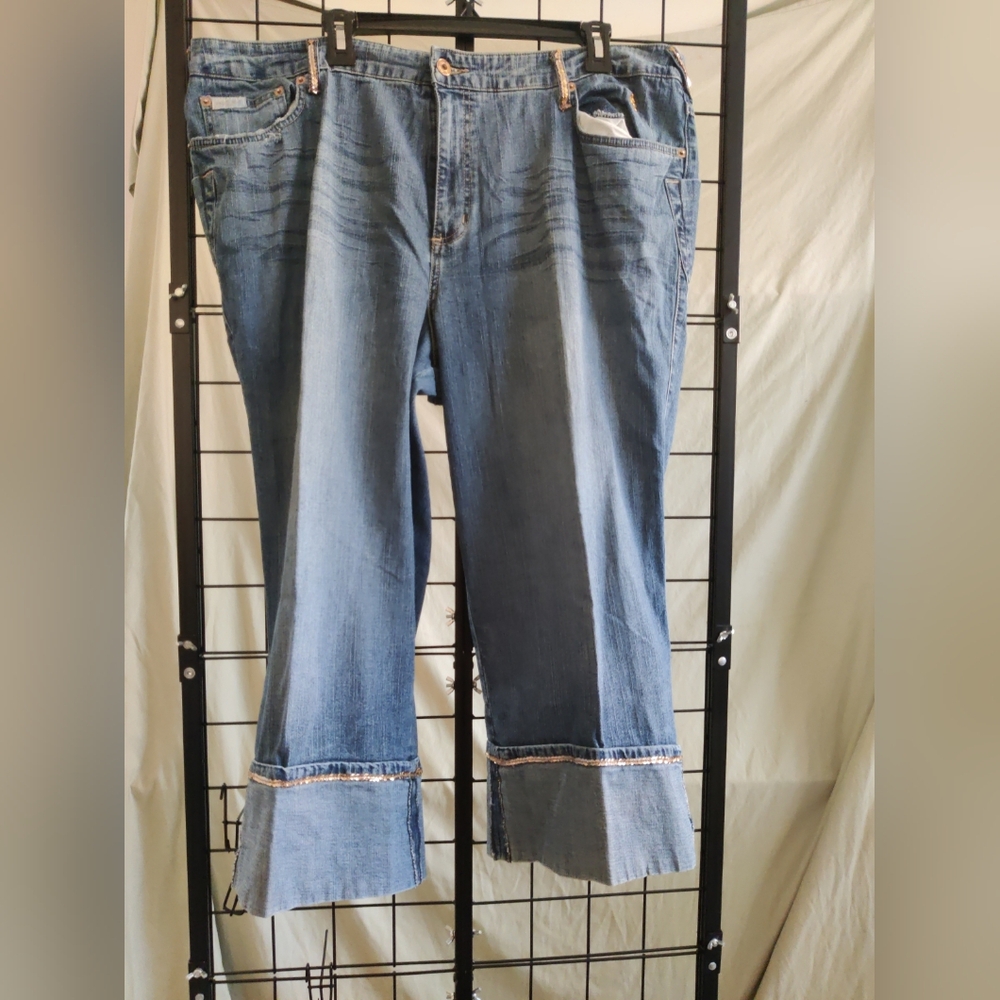 Baby Phat Women's Size 22 Rolled Cuff Stretch Sequin Blue Jean Capri Cat Y2K